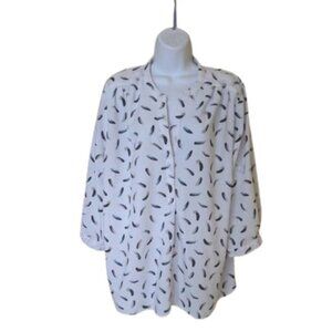 White Long Sleeve Feather Print Rayon Blouse Size 3X